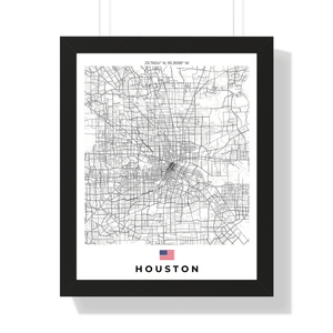 Front view of Houston wall artwork map, featuring detailed landscapes and key landmarks in an artistic design.