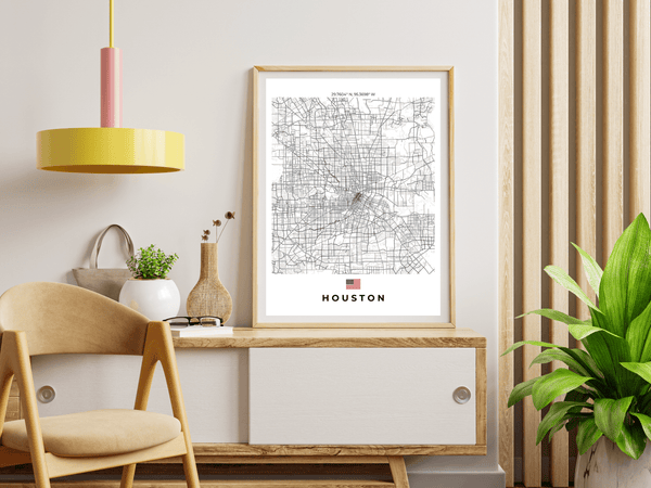 Left view of Houston wall artwork map, featuring detailed landscapes and key landmarks in an artistic design.