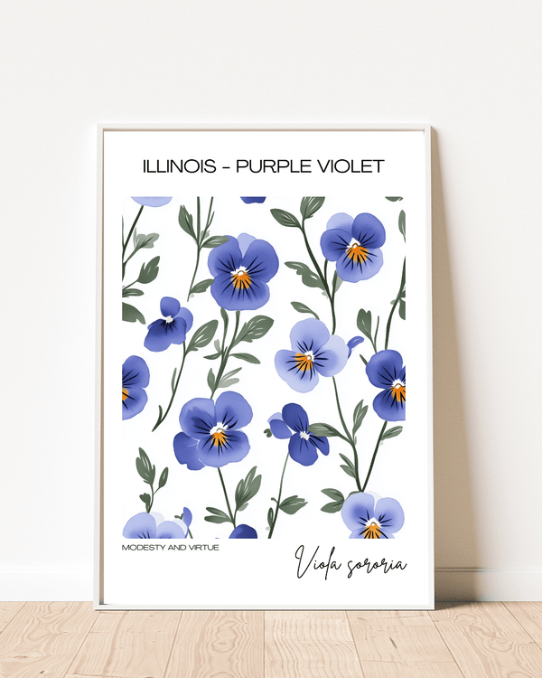 Illinois - Purple Violet Name State Flowers Wallart - Elegant Floral Print