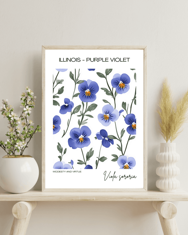 Illinois - Purple Violet Name State Flowers Wallart - Elegant Floral Print