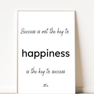 Front view of wall art featuring the quote 'Happiness is the key to success' in elegant typography