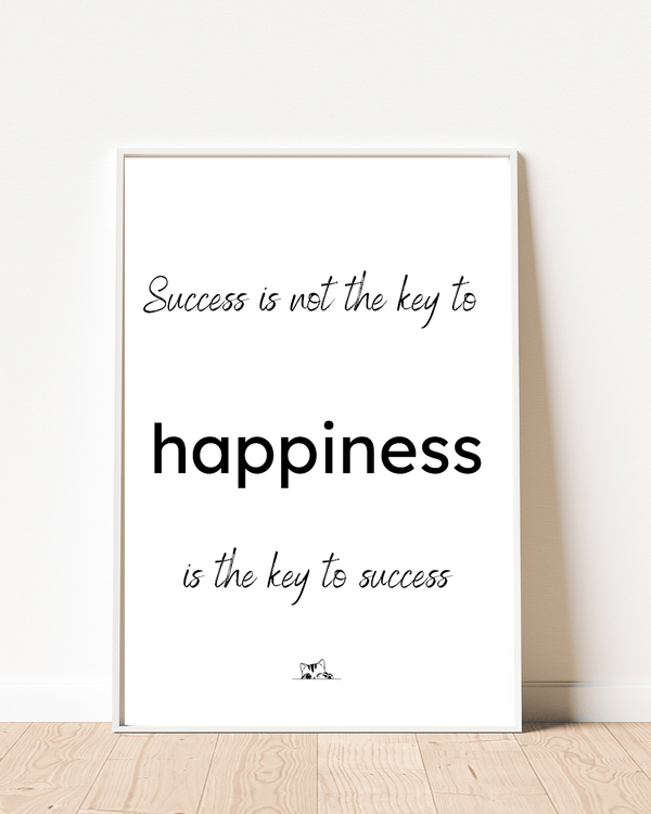 Front view of wall art featuring the quote 'Happiness is the key to success' in elegant typography