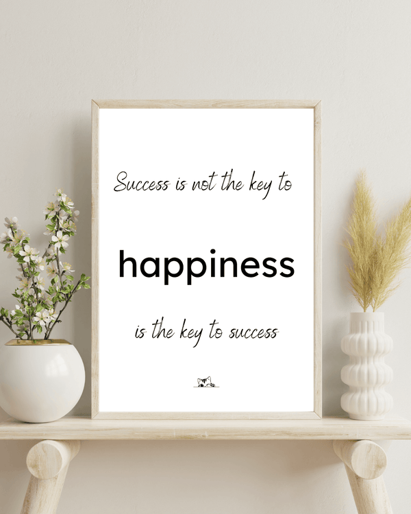 Front view of wall art featuring the quote 'Happiness is the key to success' in elegant typography of a bed room mockup