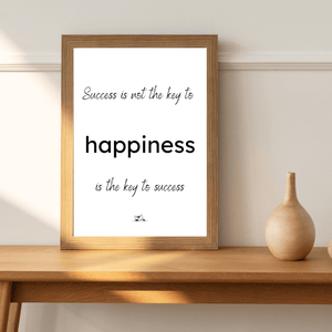 Front view of wall art featuring the quote 'Happiness is the key to success' in elegant typography of a living room mockup