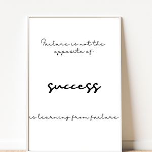 Front view of wall art featuring the quote 'Success is learning from failure' in elegant typography