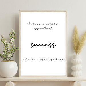 Front view of wall art featuring the quote 'Success is learning from failure' in elegant typography in a living room mockup