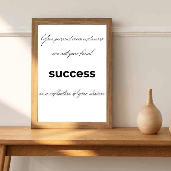 Front view of wall art featuring the quote 'Success is a reflection of your choices' in elegant typography of a living room mockup