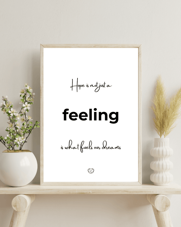 Front view of wall art featuring the quote ' Hope is not just a feeling' in elegant typography of a bed room mockup