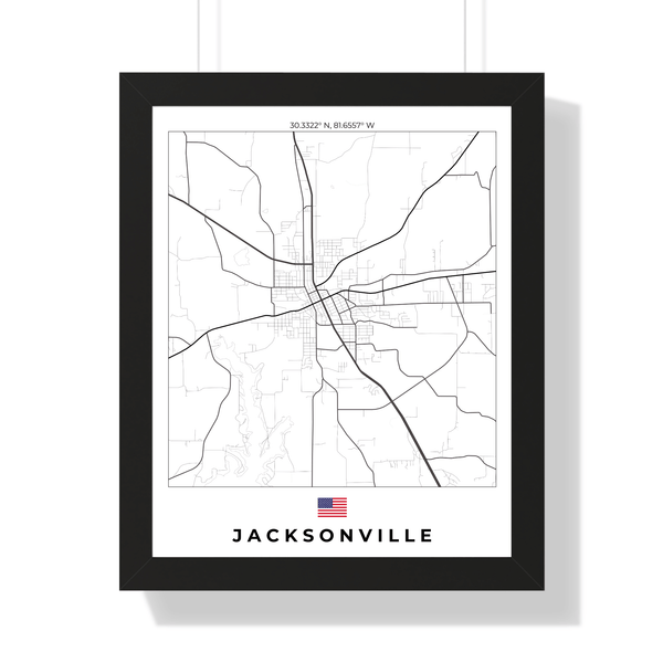 Front view of Jacksonville wall artwork map, featuring detailed landscapes and key landmarks in an artistic design.