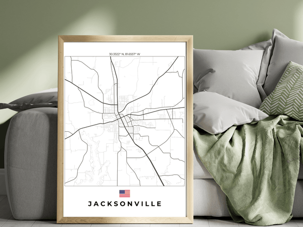 Right view of Jacksonville wall artwork map, featuring detailed landscapes and key landmarks in an artistic design.