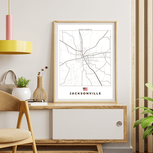 Left view of Jacksonville wall artwork map, featuring detailed landscapes and key landmarks in an artistic design.