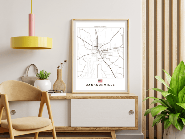 Left view of Jacksonville wall artwork map, featuring detailed landscapes and key landmarks in an artistic design.