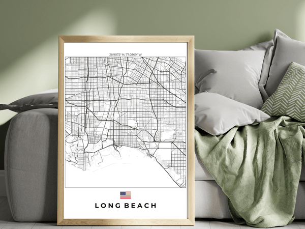 Right view of Long Beach wall artwork map, featuring detailed landscapes and key landmarks in an artistic design.