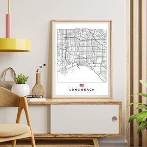 Left view of Long Beach wall artwork map, featuring detailed landscapes and key landmarks in an artistic design.