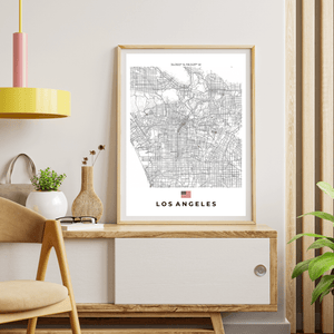 Left view of Los Angeles wall artwork map, featuring detailed landscapes and key landmarks in an artistic design.