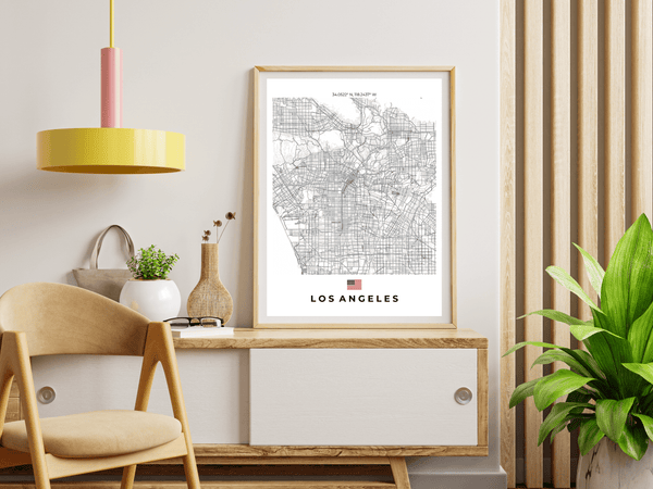 Left view of Los Angeles wall artwork map, featuring detailed landscapes and key landmarks in an artistic design.