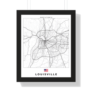 Front view of Louisville wall artwork map, featuring detailed landscapes and key landmarks in an artistic design.