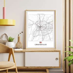 Left view of Louisville wall artwork map, featuring detailed landscapes and key landmarks in an artistic design.