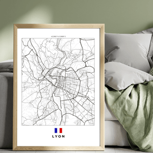 Left view of Lyon wall artwork map, featuring detailed landscapes and key landmarks in an artistic design.