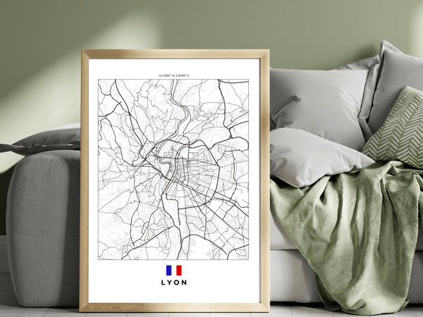 Left view of Lyon wall artwork map, featuring detailed landscapes and key landmarks in an artistic design.