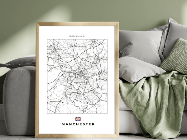 Right view of Manchester wall artwork map, featuring detailed landscapes and key landmarks in an artistic design.