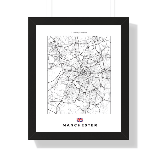 Front view of Manchester wall artwork map, featuring detailed landscapes and key landmarks in an artistic design.