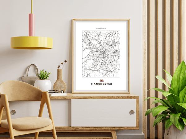 Left view of Manchester wall artwork map, featuring detailed landscapes and key landmarks in an artistic design.