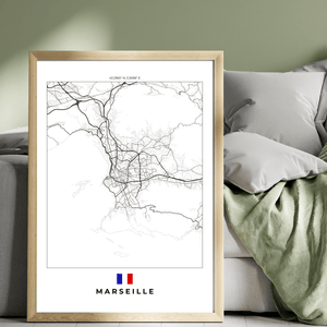 Left view of Marseille wall artwork map, featuring detailed landscapes and key landmarks in an artistic design.