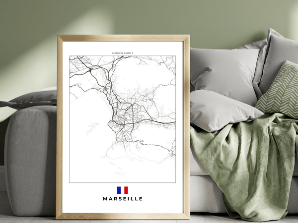 Left view of Marseille wall artwork map, featuring detailed landscapes and key landmarks in an artistic design.