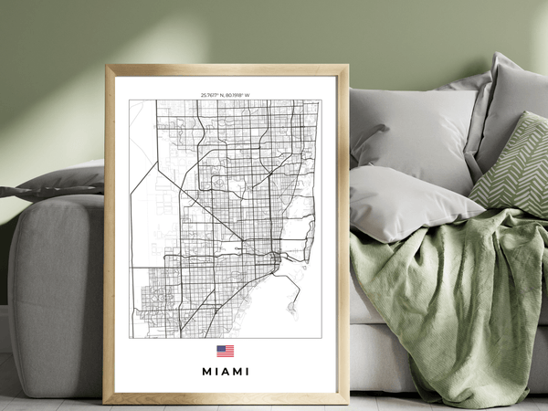 Right view of Miami wall artwork map, featuring detailed landscapes and key landmarks in an artistic design.