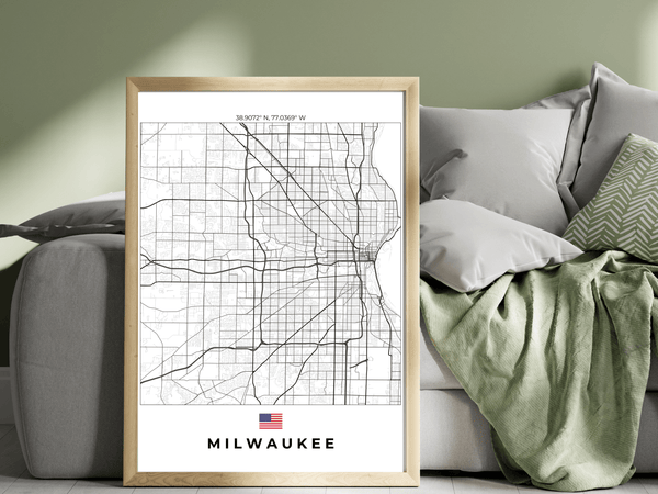 Right view of Milwaukee wall artwork map, featuring detailed landscapes and key landmarks in an artistic design.