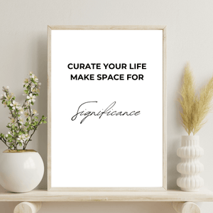 Stylish front view of wall decoration with the motivational quote 'Curate your life makes space for significance' in bold typography of a living room mockup