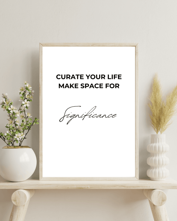 Stylish front view of wall decoration with the motivational quote 'Curate your life makes space for significance' in bold typography of a living room mockup