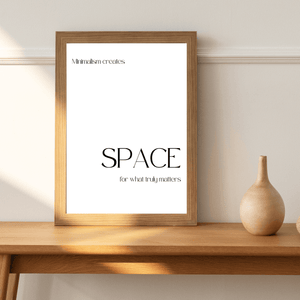 Front view of wall art featuring the quote ' Minimalism creates spaces for what truly matters' in elegant typography of a living room mockup