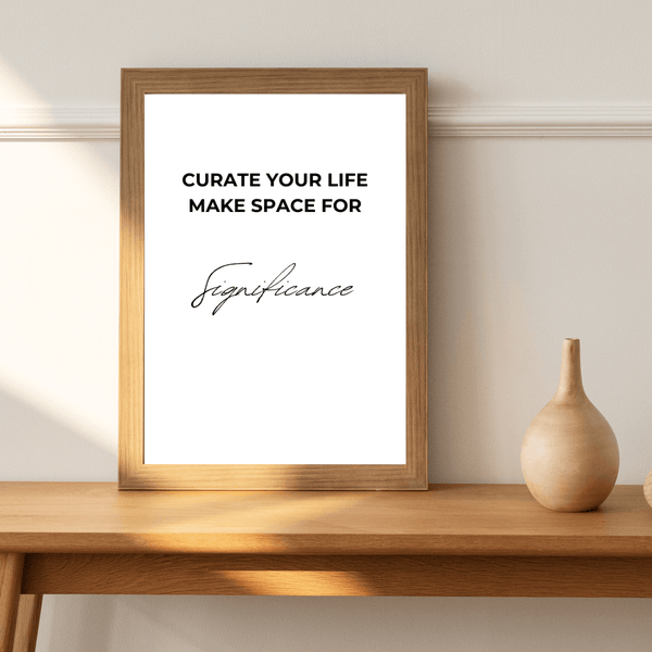 Stylish front view of wall decoration with the motivational quote 'Curate your life makes space for significance' in bold typography of a bed room mockup