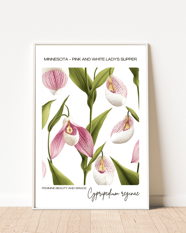 Minnesota - Pink and White Lady's Slipper Name State Flowers Wallart - Elegant Botanical Design