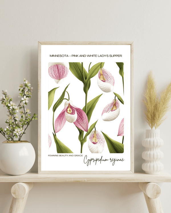 Minnesota - Pink and White Lady's Slipper Name State Flowers Wallart - Elegant Botanical Design