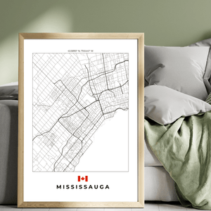 Left view of Mississauga wall artwork map, featuring detailed landscapes and key landmarks in an artistic design.