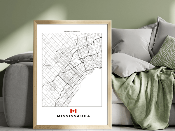 Left view of Mississauga wall artwork map, featuring detailed landscapes and key landmarks in an artistic design.