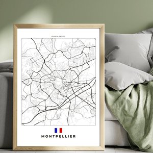 Left view of Montpellier wall artwork map, featuring detailed landscapes and key landmarks in an artistic design.