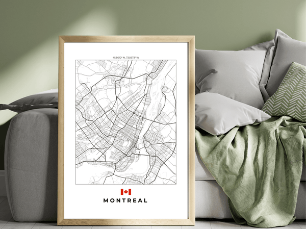 Left view of Montreal wall artwork map, featuring detailed landscapes and key landmarks in an artistic design.