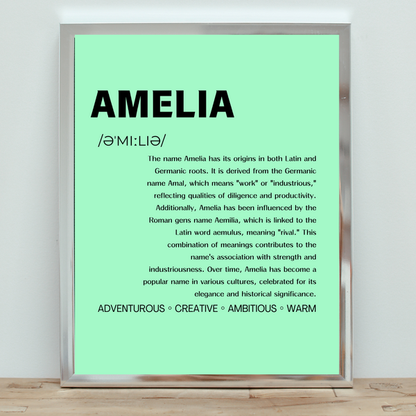 Amelia: Graceful Typography Wall Art Celebrating Elegance and Adventure