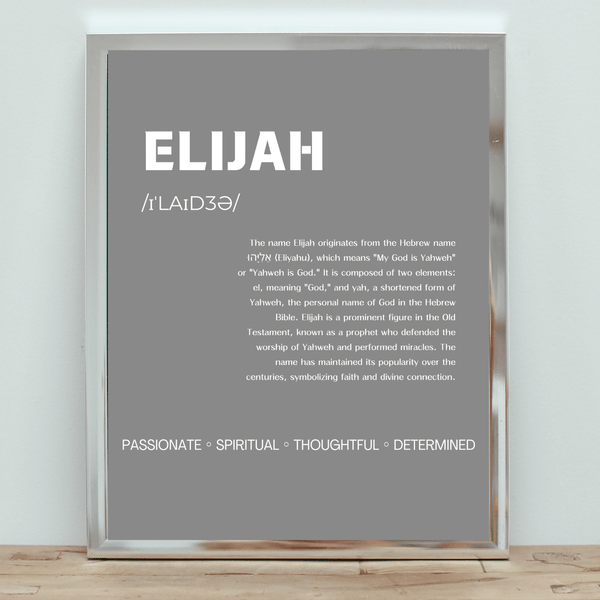 Elijah Typography Wall Art: Elegant Print Showcasing Name's Origin and Meaning