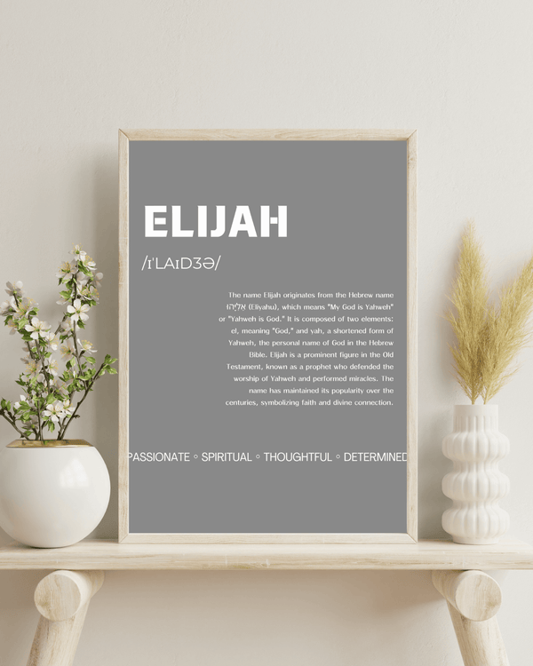 Elijah Typography Wall Art: Elegant Print Showcasing Name's Origin and Meaning