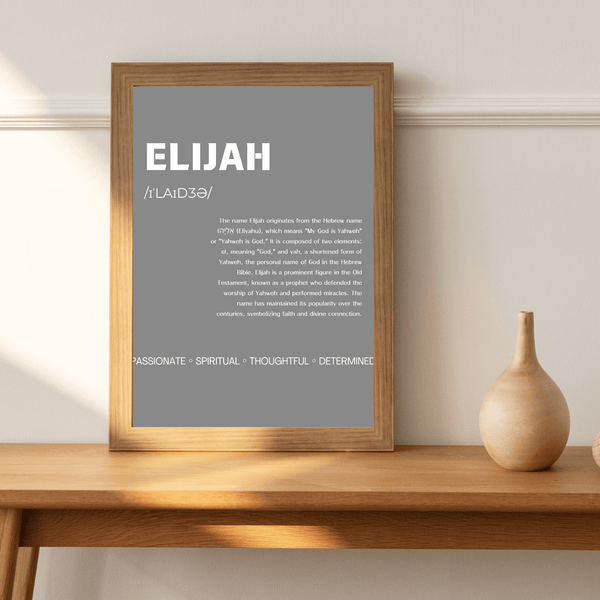 Elijah Typography Wall Art: Elegant Print Showcasing Name's Origin and Meaning