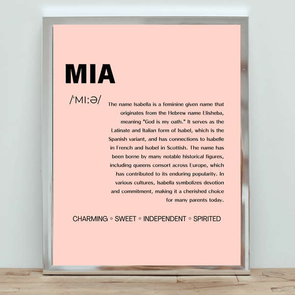 Mia Name Typography Wall Art: Elegant Print Showcasing Origin, Etymology, and Unique Characteristics