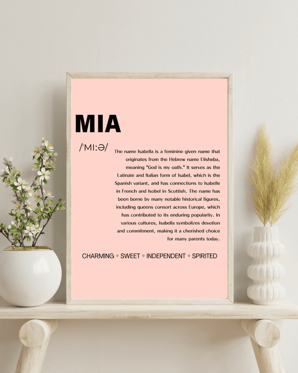 Mia Name Typography Wall Art: Elegant Print Showcasing Origin, Etymology, and Unique Characteristics