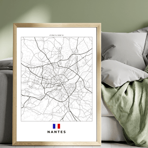 Left view of Nantes wall artwork map, featuring detailed landscapes and key landmarks in an artistic design.