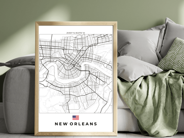 Right view of New Orleans wall artwork map, featuring detailed landscapes and key landmarks in an artistic design.