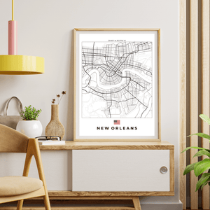 Left view of New Orleans wall artwork map, featuring detailed landscapes and key landmarks in an artistic design.